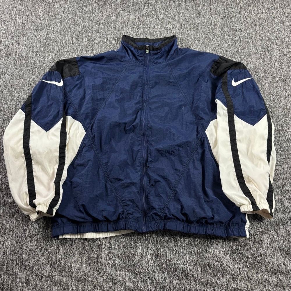 Vintage 90s Nike Windbreaker Track Jacket Boxy Embroidered Blue White Men 2XL